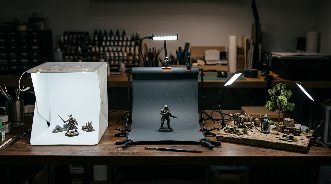 Three miniature photography rigs side by side: a lightbox tent, a dark paper sweep and a wooden scene board