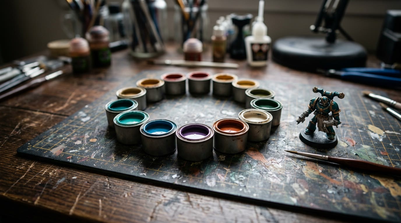 A circle of open paint pots arranged like a colour wheel beside a part-painted miniature with teal armour