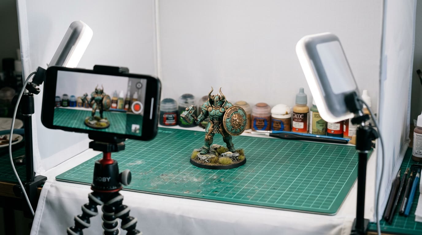 A painted miniature in a white lightbox with two small lamps and a phone on a tripod framing the shot