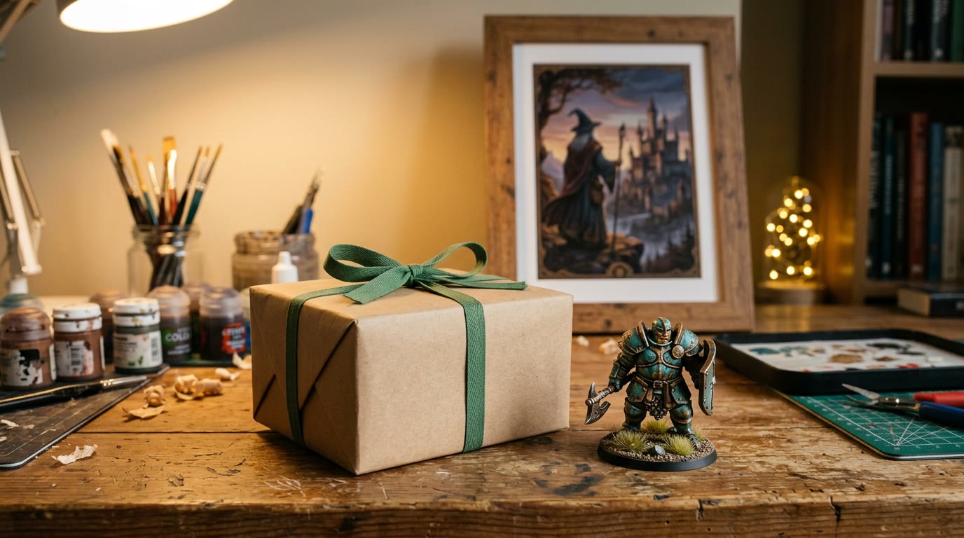A wrapped gift box on a hobby desk beside a painted miniature and a framed art print