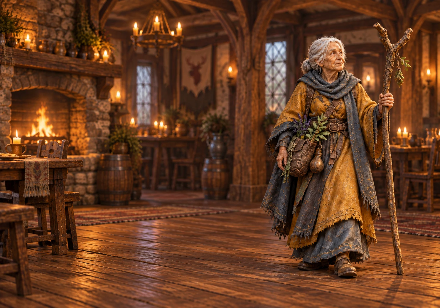 Illustrative AI-generated scene: a painted miniature of an elderly traveler with a staff in a candlelit tavern