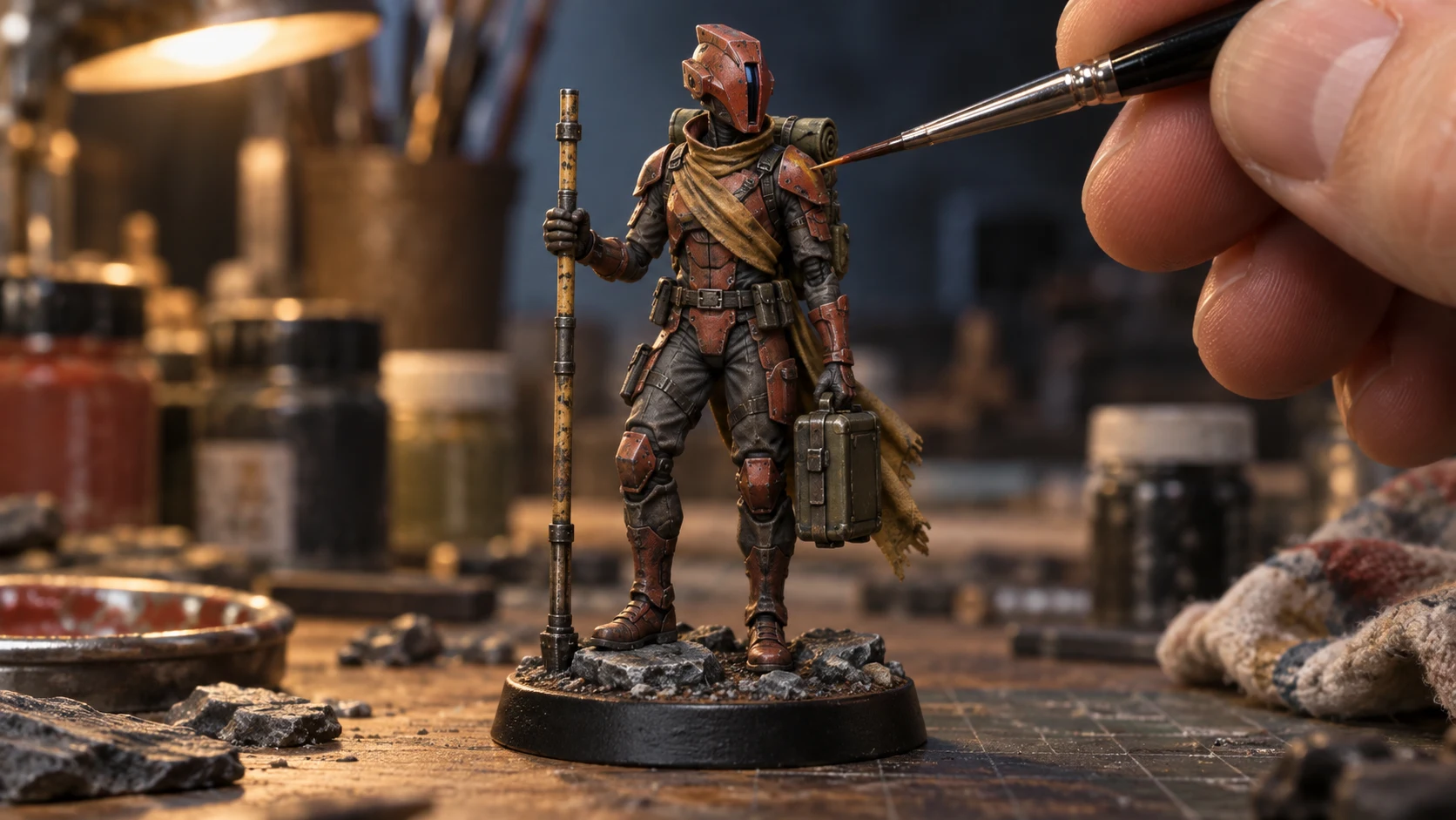 A painted expedition commander on a workbench, on its display base