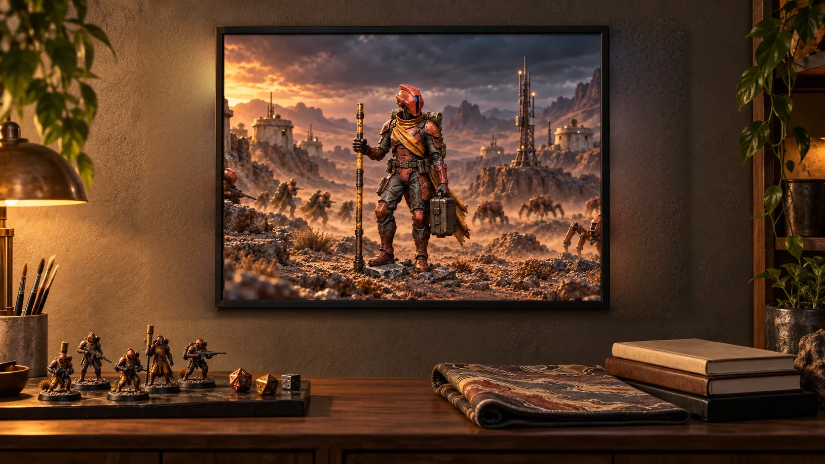 The same commander in its scene, printed as an A2 framed print on a wall above a shelf of painted figures