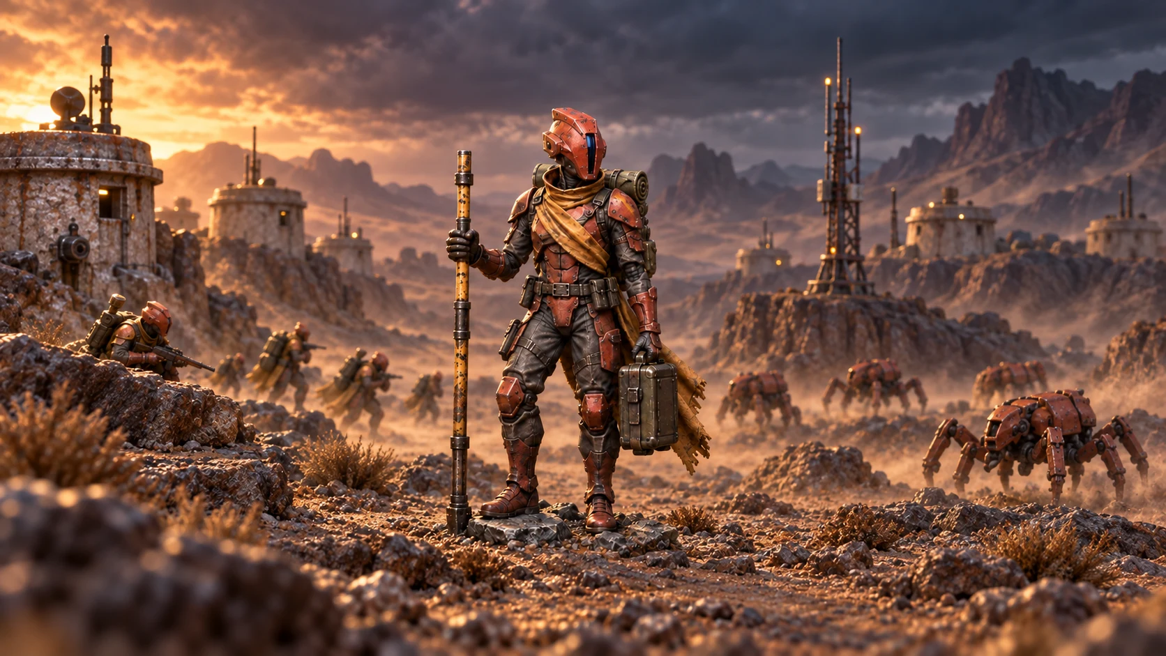 The same commander standing in a badlands outpost scene, paintwork unchanged
