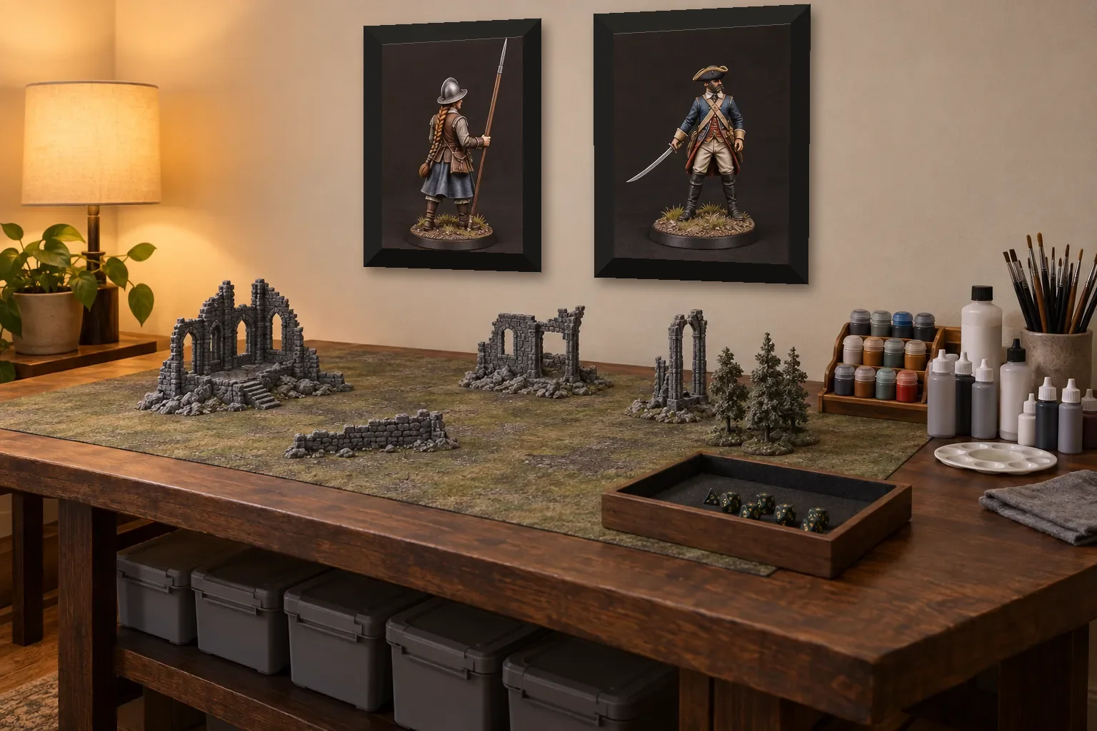 Games room with terrain set out on the battle table and two painted figures in black frames on the wall, sample