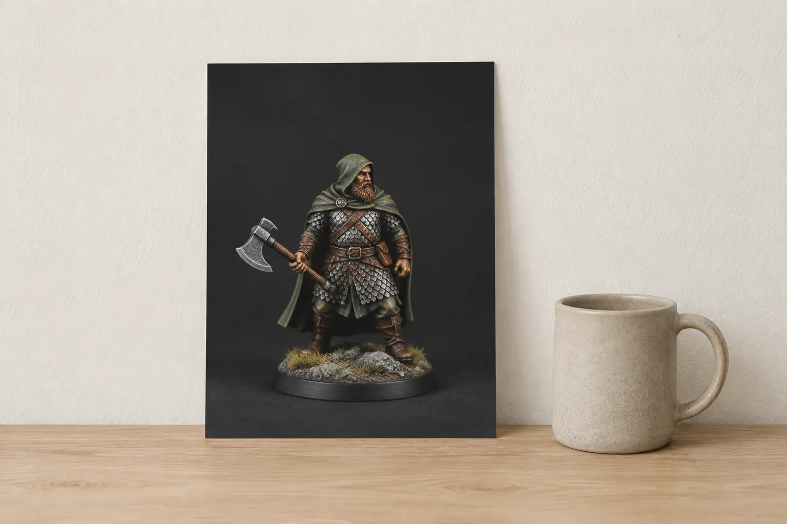 Illustrative AI-generated example: an unframed print of a painted axe-carrying miniature leaning against a pale wall beside a plain stoneware mug.