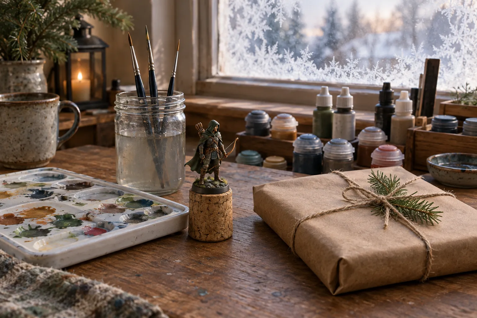 A painted miniature on a hobby desk beside a brown-paper parcel tied with twine and a sprig of pine.
