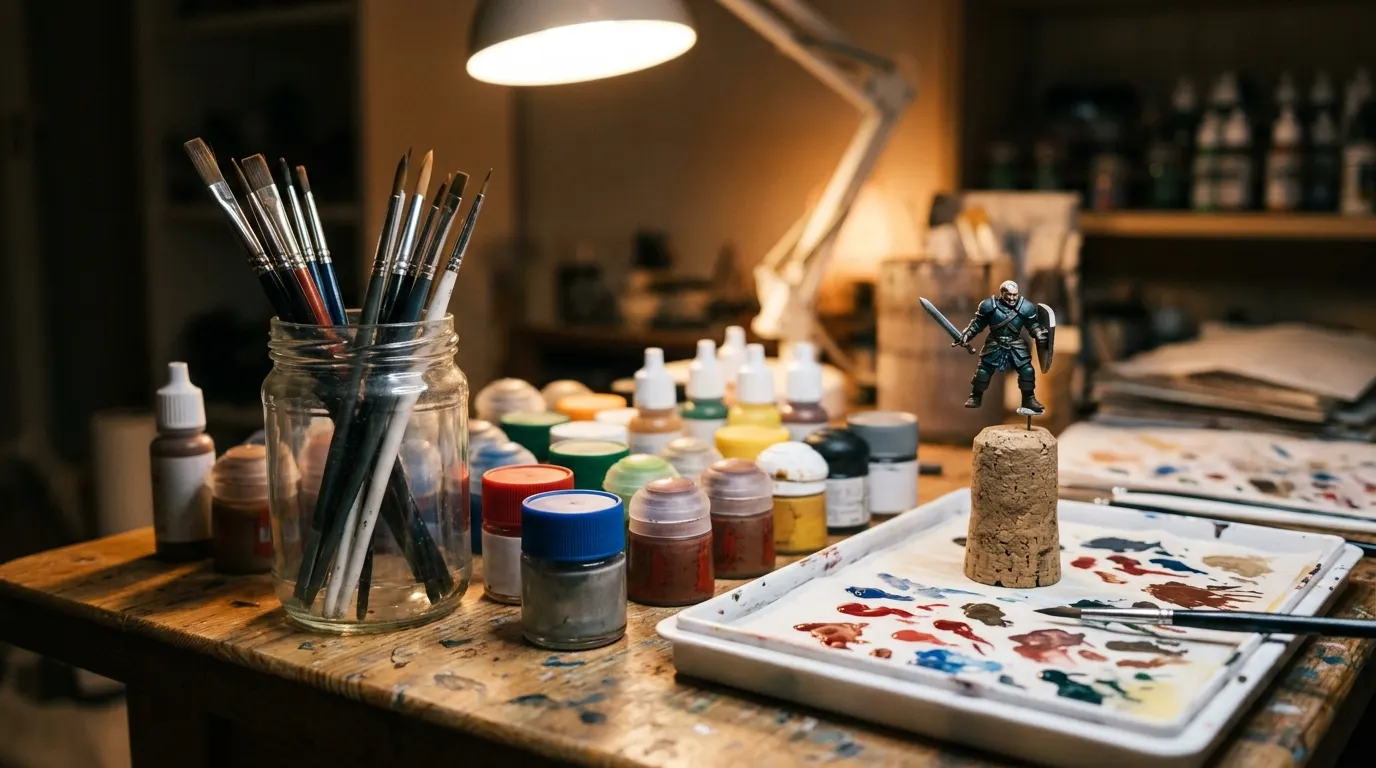 Illustrative painting desk with brushes in a jar, unlabeled paint pots, a wet palette and a part-painted miniature on a cork stand