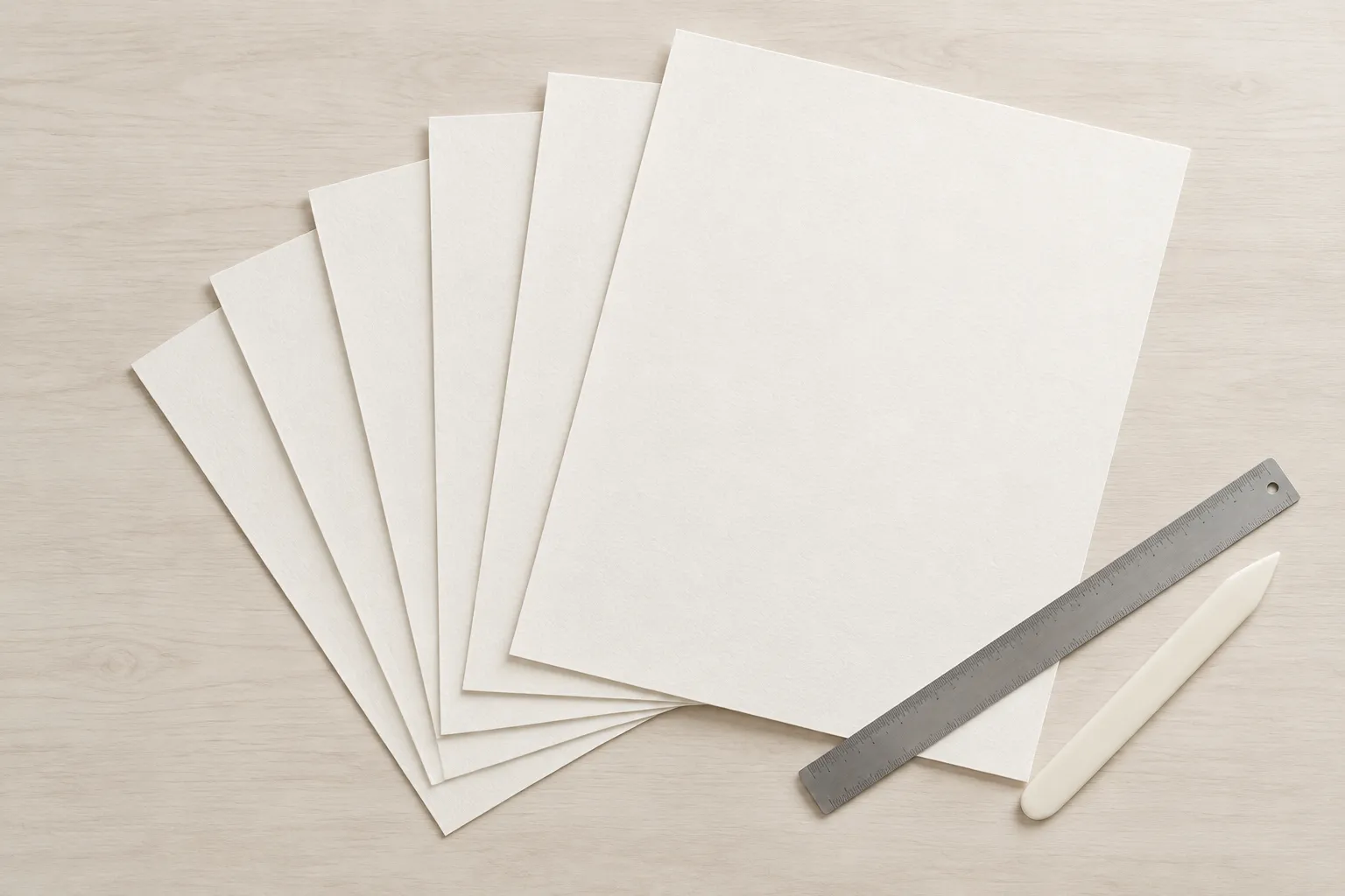 Illustrative AI-generated example: blank sheets of heavy off-white printmaking paper fanned across a pale desk beside a steel rule and a bone folder.