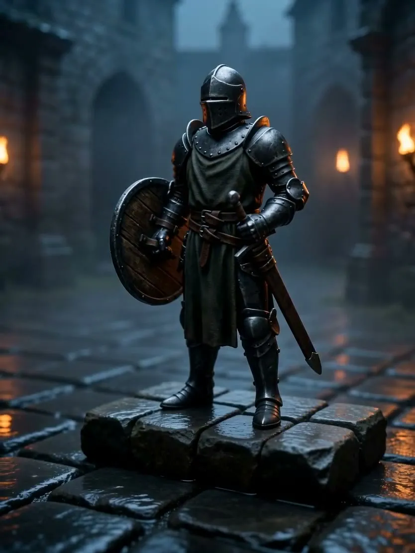 The same painted knight in a torch-lit castle courtyard: the finished scene, sample