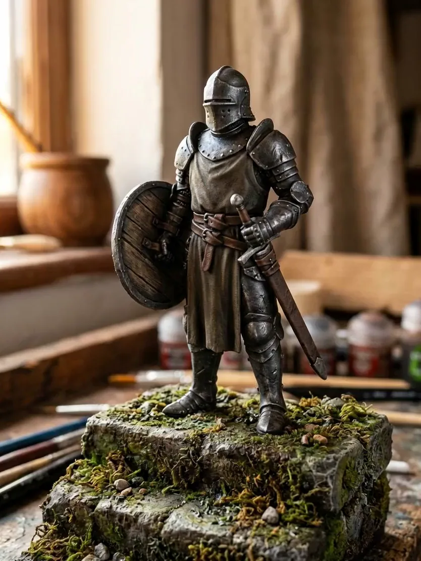 Sample film, 8 seconds: a painted knight on a workbench, then mist, then the same knight standing in a torch-lit castle courtyard