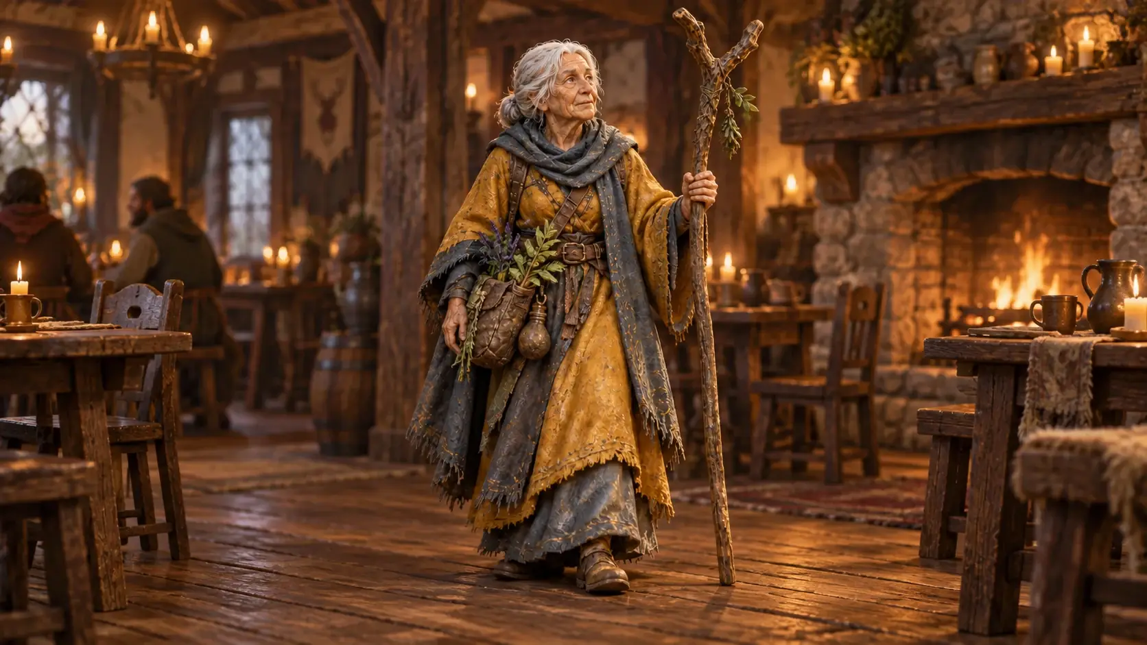 An old woman with a walking staff and a satchel of herbs crosses the wooden floor of a candlelit timber tavern, a fire burning in the stone hearth behind her