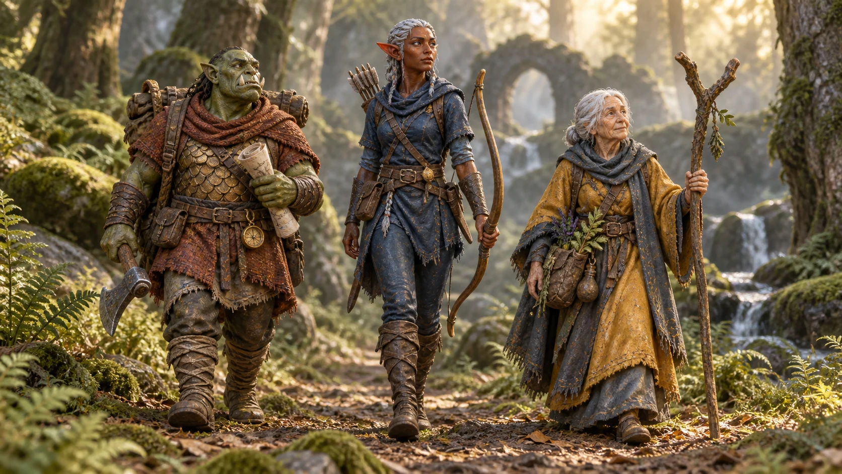 Original orc, elf, and wizard party in a woodland setting